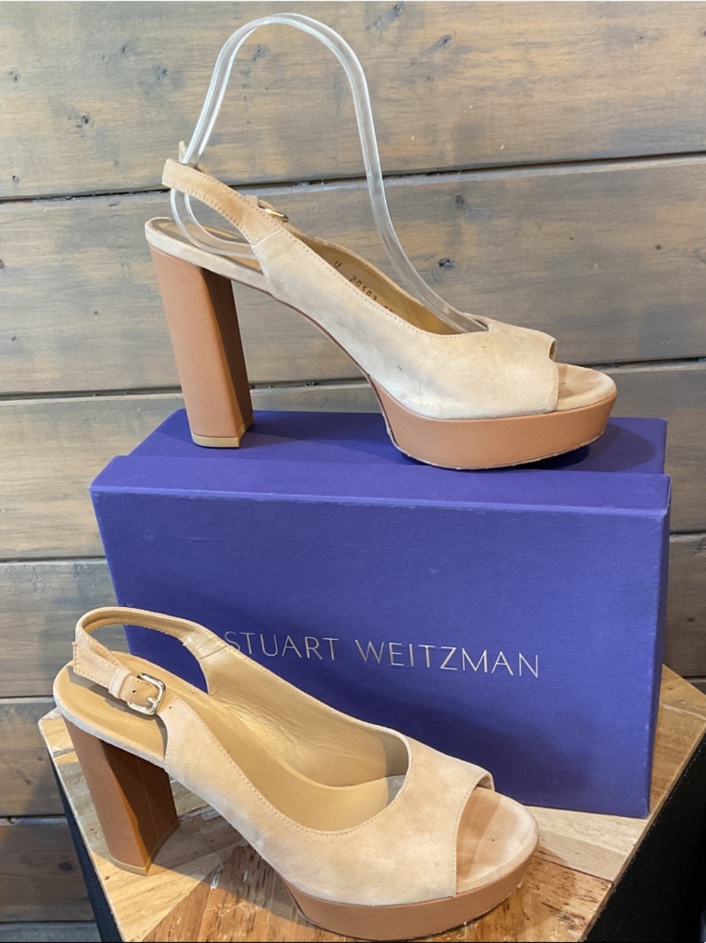 Stuart Weitzman Tan Suede Peep-Toe Platform Slingback Heels